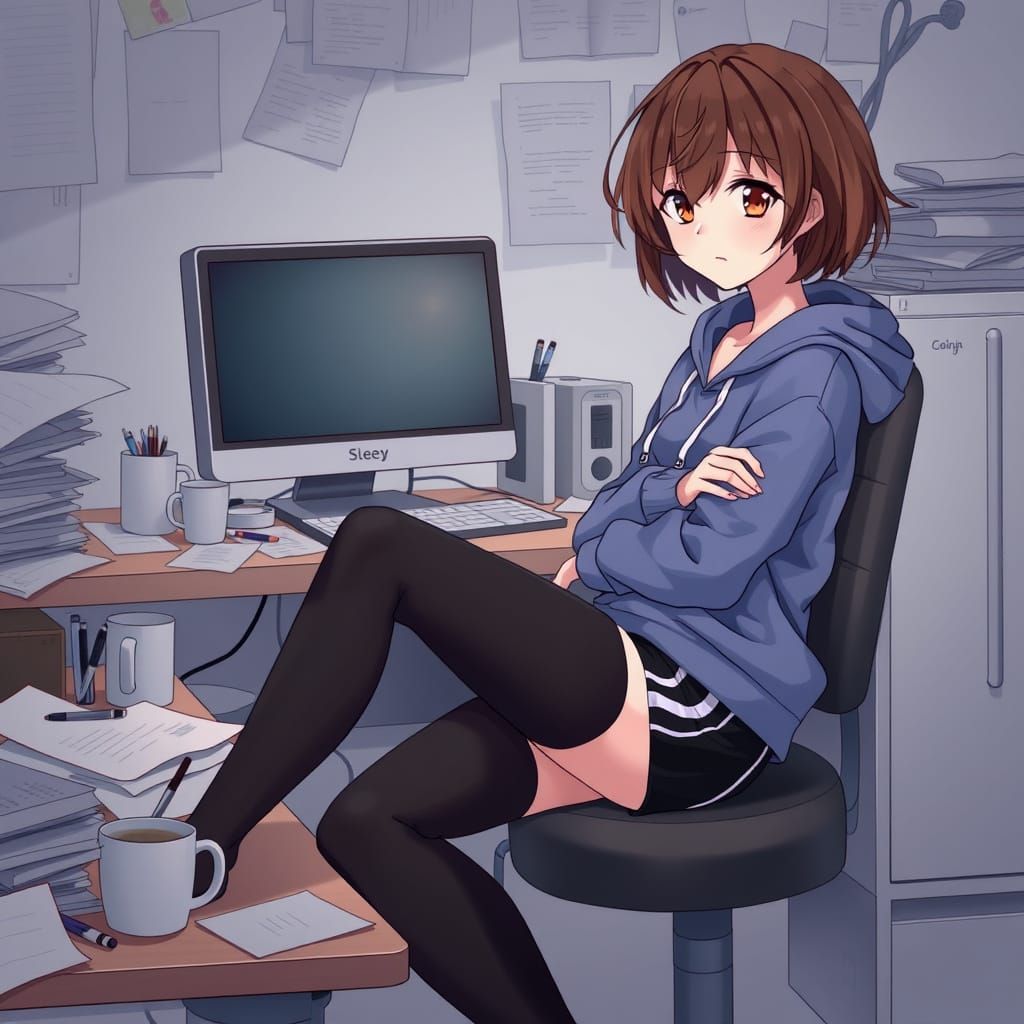 Anime Woman at Desk in Makoto Shinkai Style