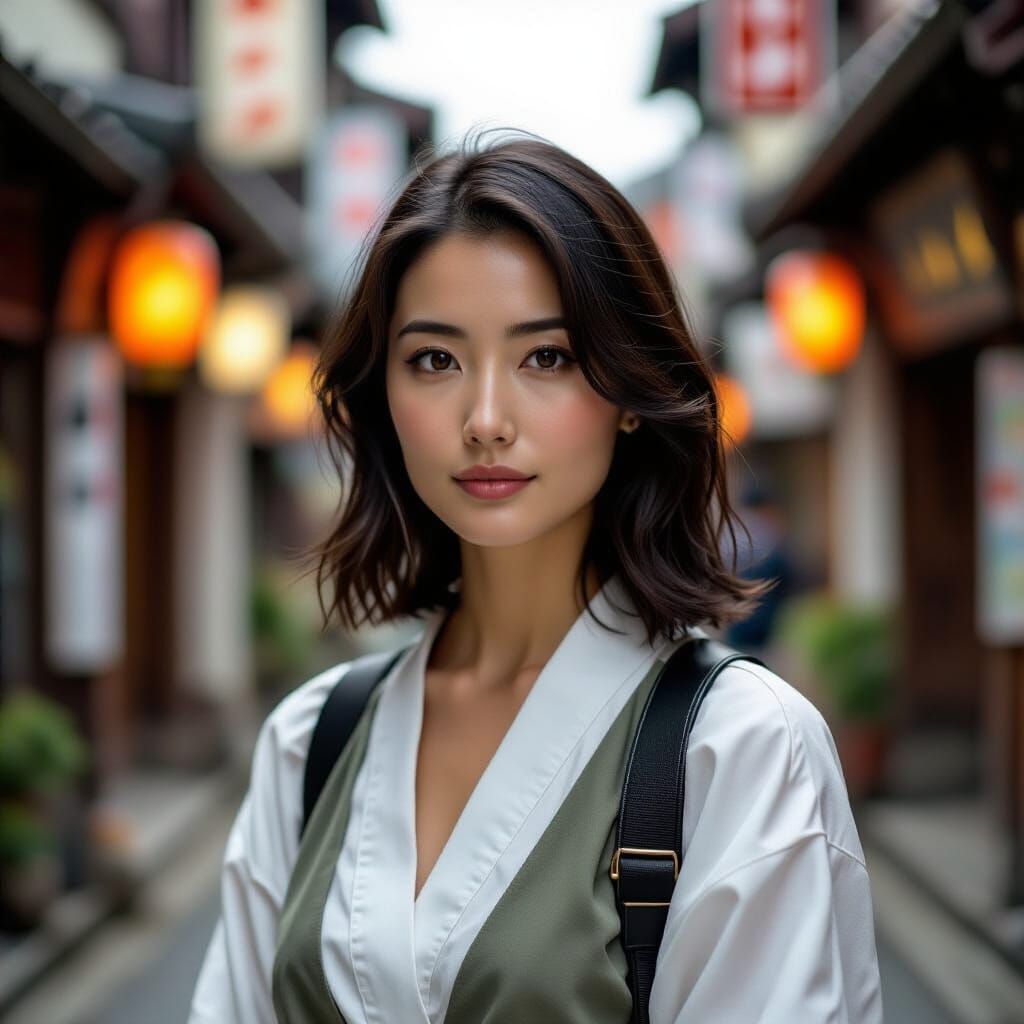 Japanese Woman in Alleyway, Realistic Digital Art