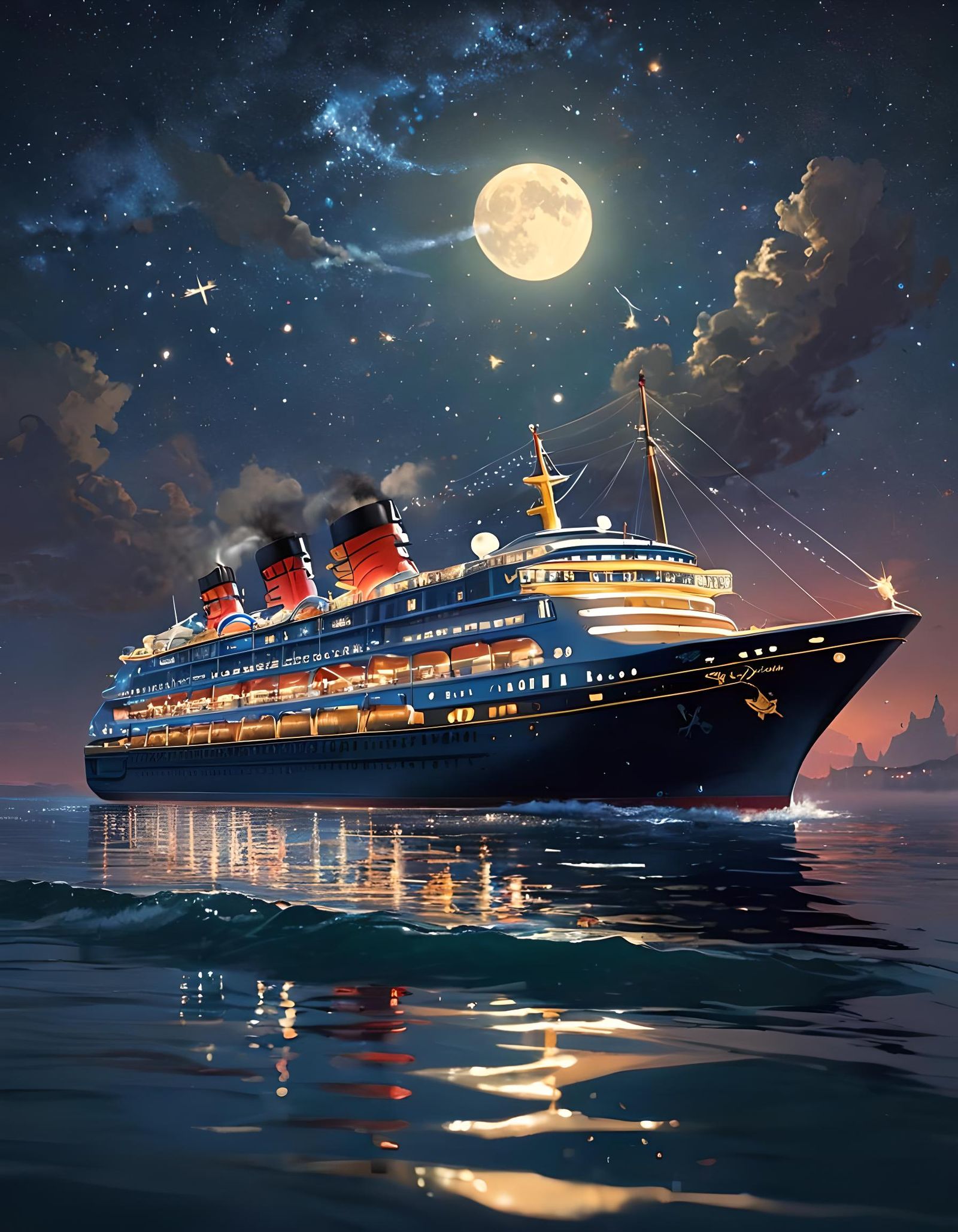 Whimsical Cruise Ship Sails Under Starry Skies