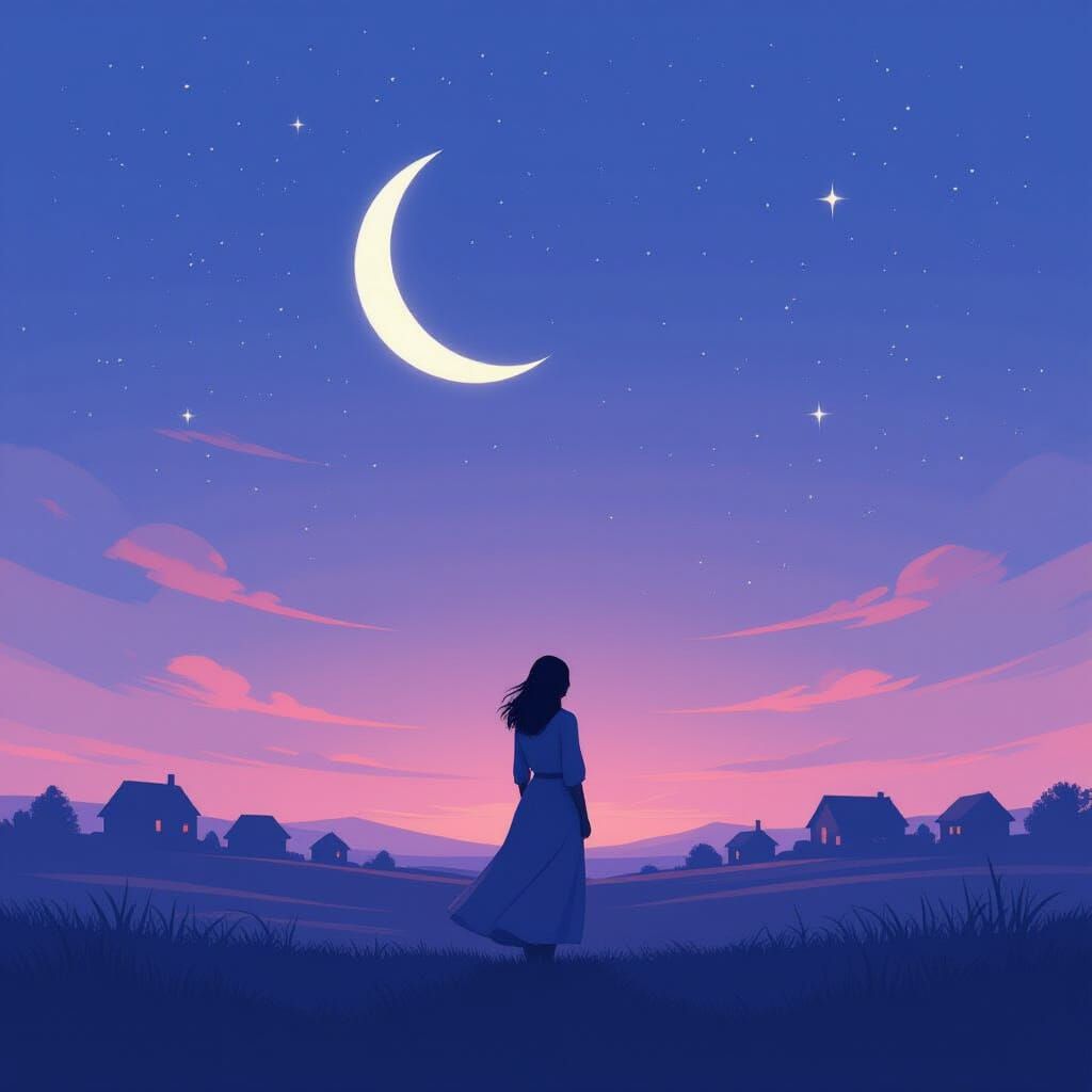 Dreamy Serene Landscape with Crescent Moon