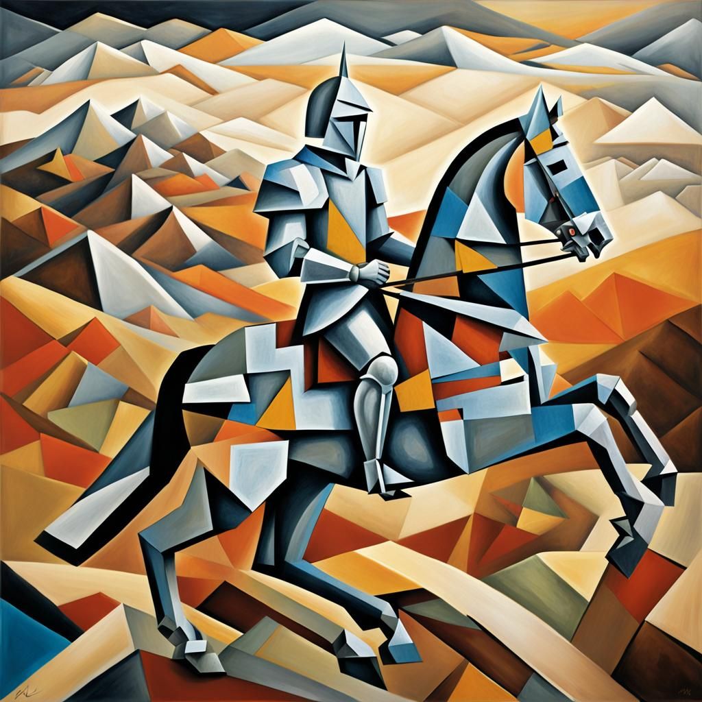 Cubist Knight in Dreamy Landscape