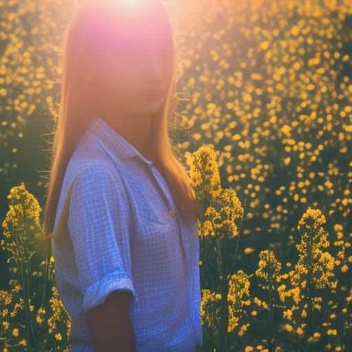 Young person walking in a sea of blooming flowers