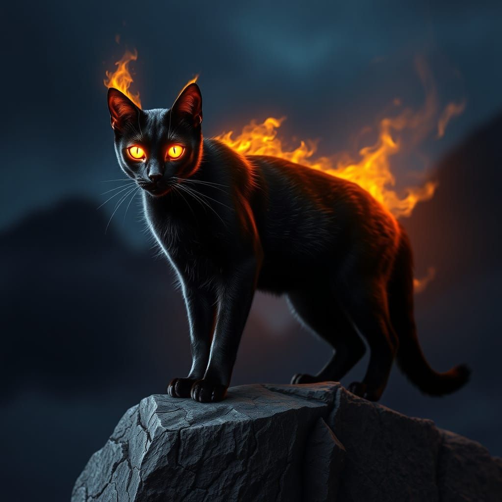 Fiery Feline Demon Stands Vigilant on Rocky Cliff