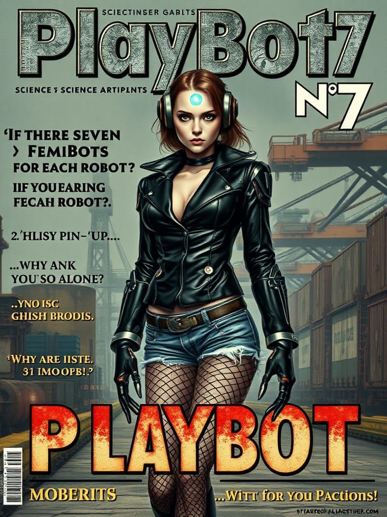 Retro-Futuristic Robot Pin-Up in Dystopian Industrial Scene