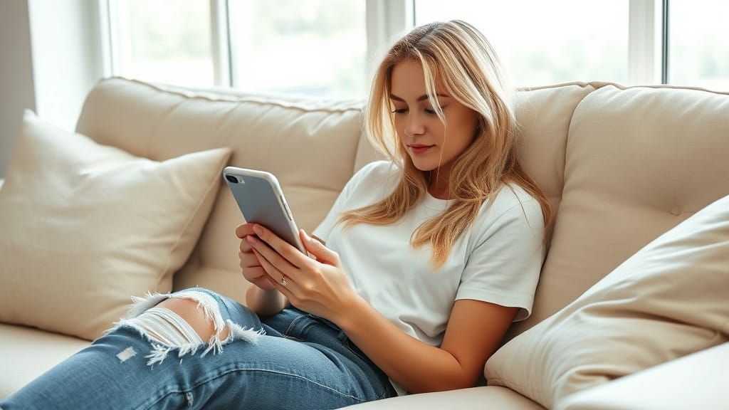 A blond haired woman reclining on the couch