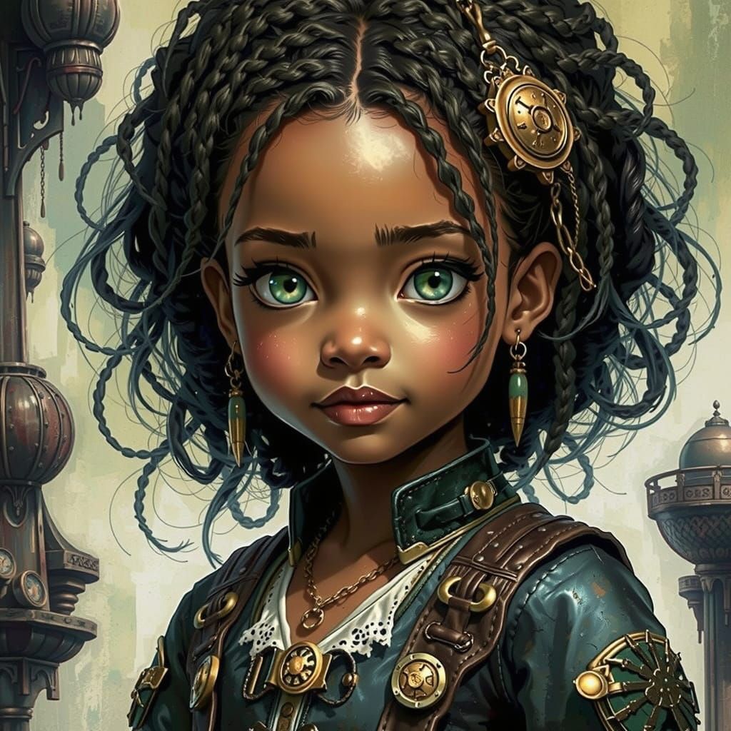 Chibi Steampunk Watercolor Portrait of an African American T...