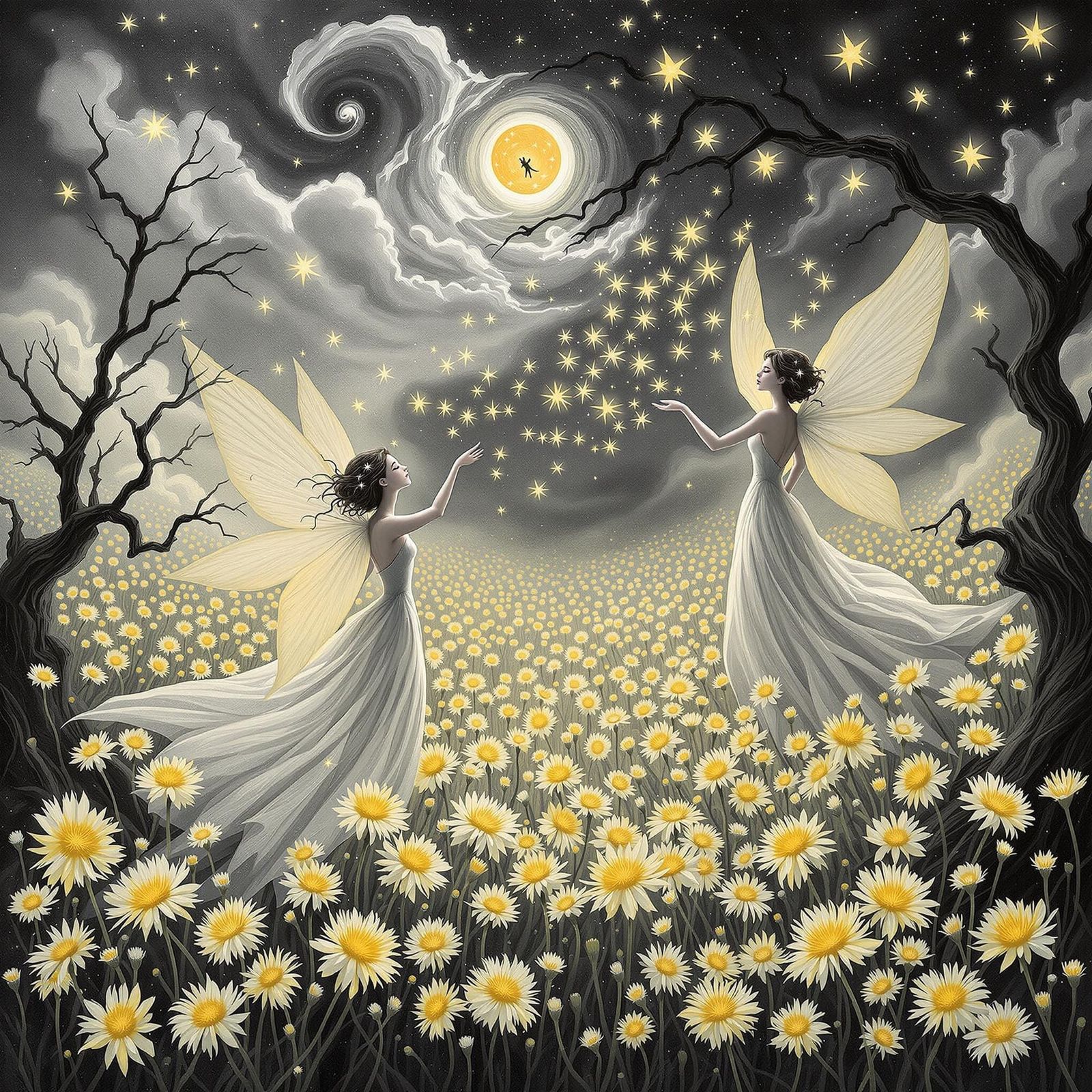Surreal Dandelion Fairies Make Wishes in a Dreamlike Landsca...