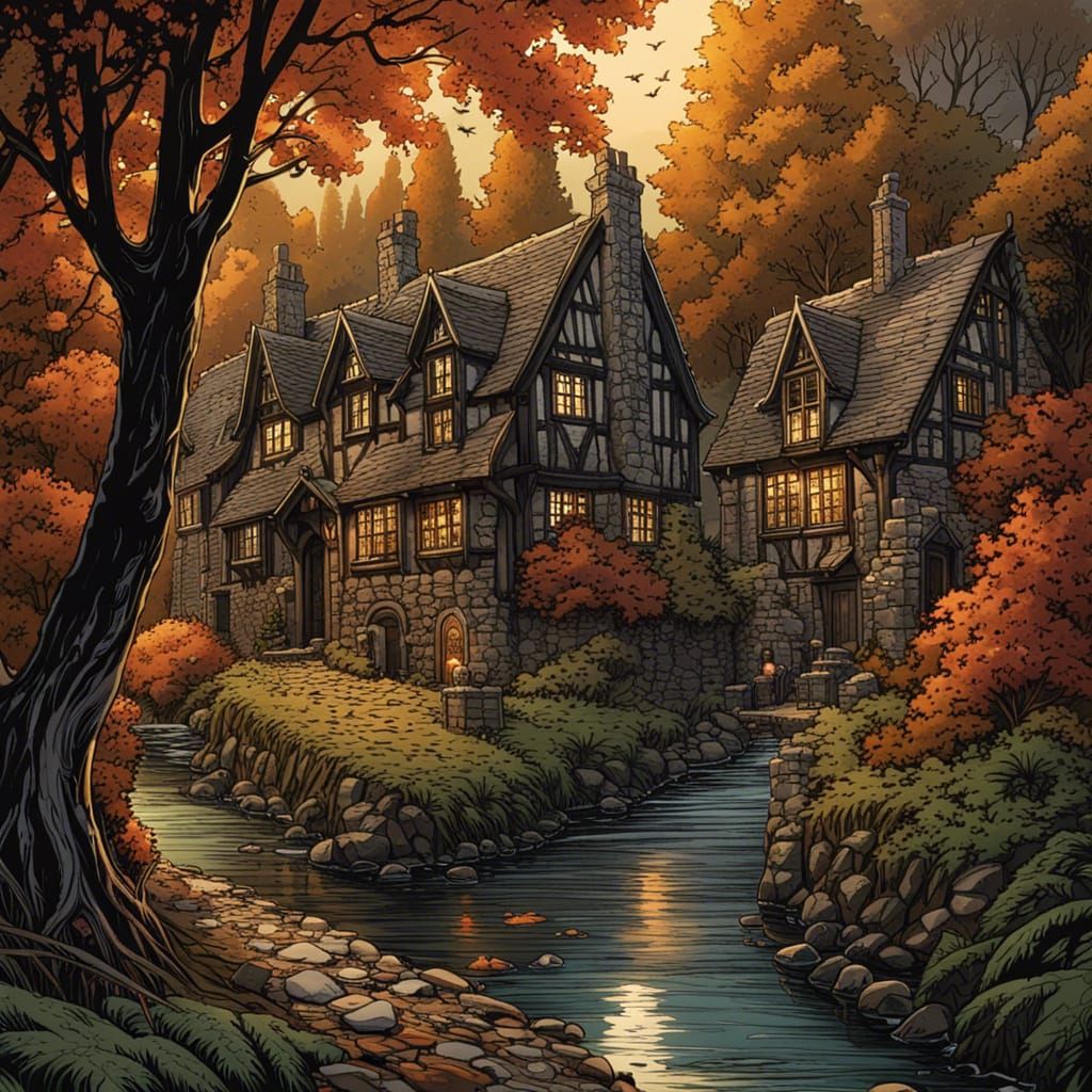 Autumnal English Village in Gothic Tudor Style