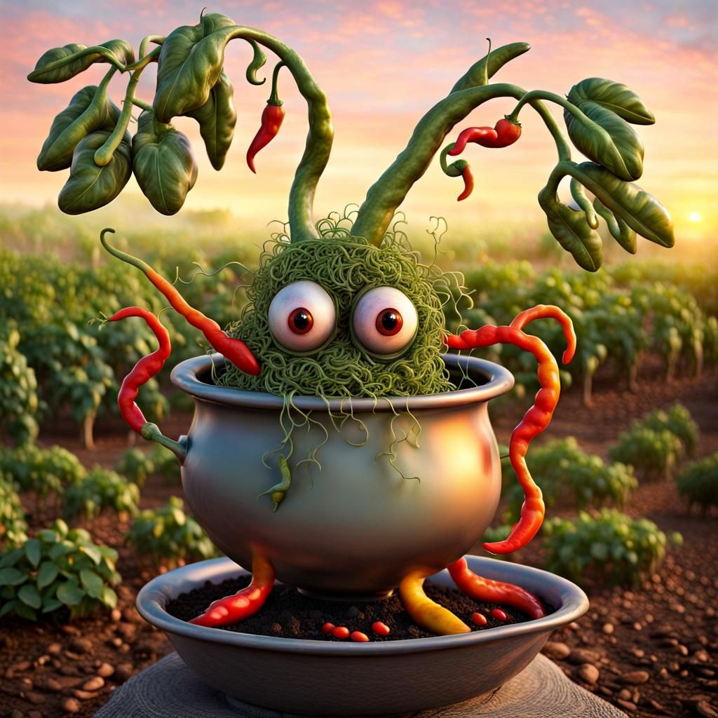 Surreal Whimsical Monster Embodies Vegetable Garden at Sunri...