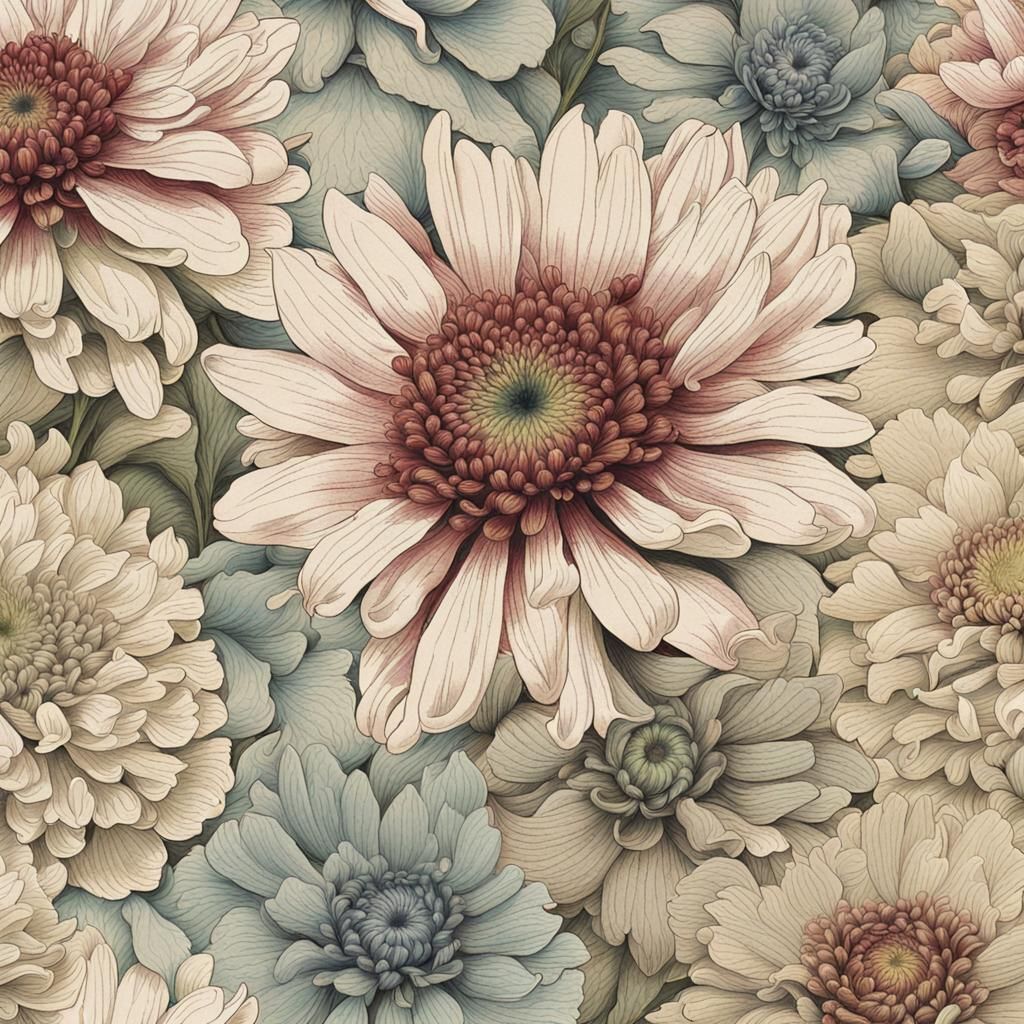 Hand-Colored Daisy-Flowered Chrysanthemum Ink Drawings