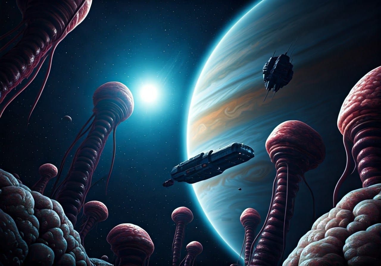 Space Organisms Encounter Spaceship Near Gas Giant