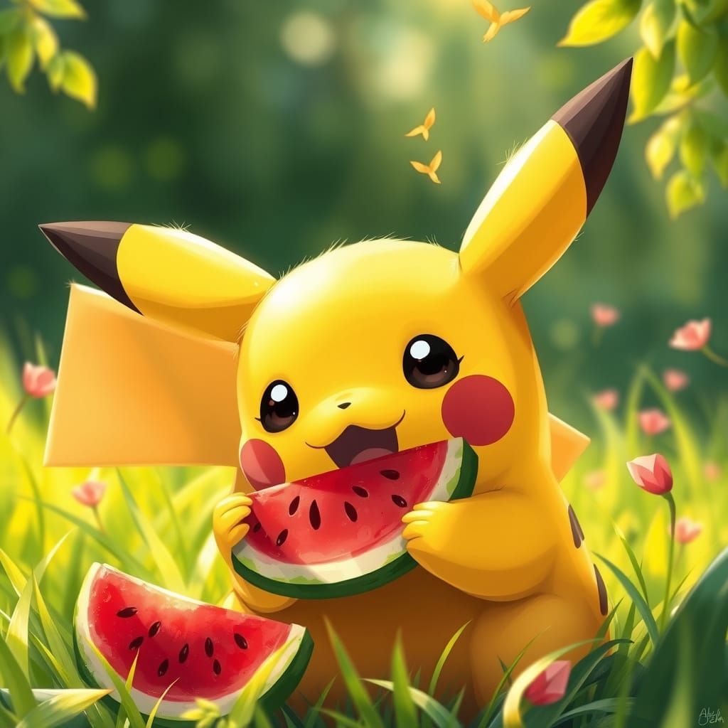 Vibrant Realistic Pikachu in Whimsical Watermelon Scene