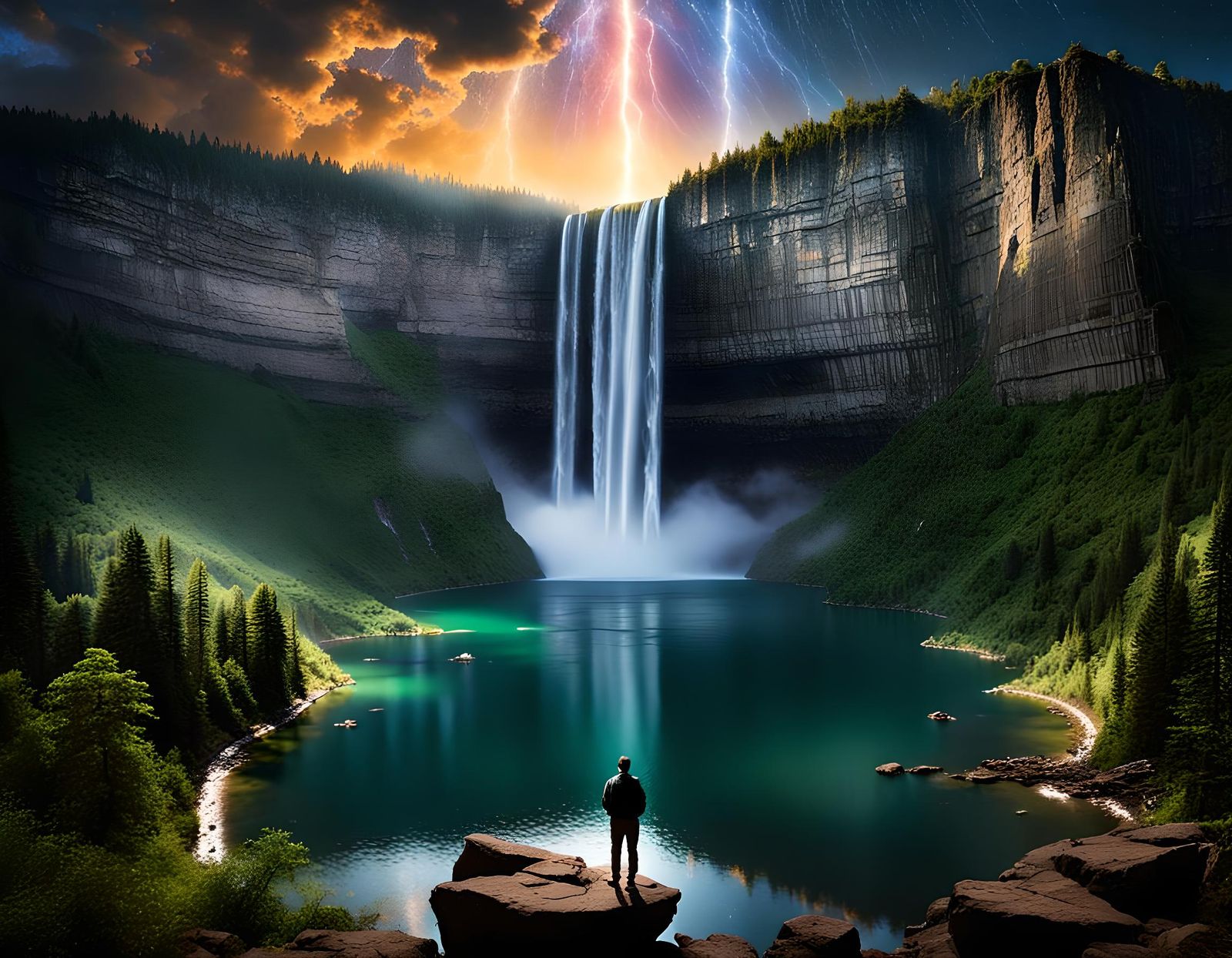 Majestic Waterfall Scene with Glowing Lake and Fireflies
