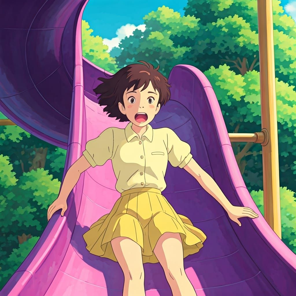 Shizuku Tsukishima on a Purple Slide, Ghibli Style