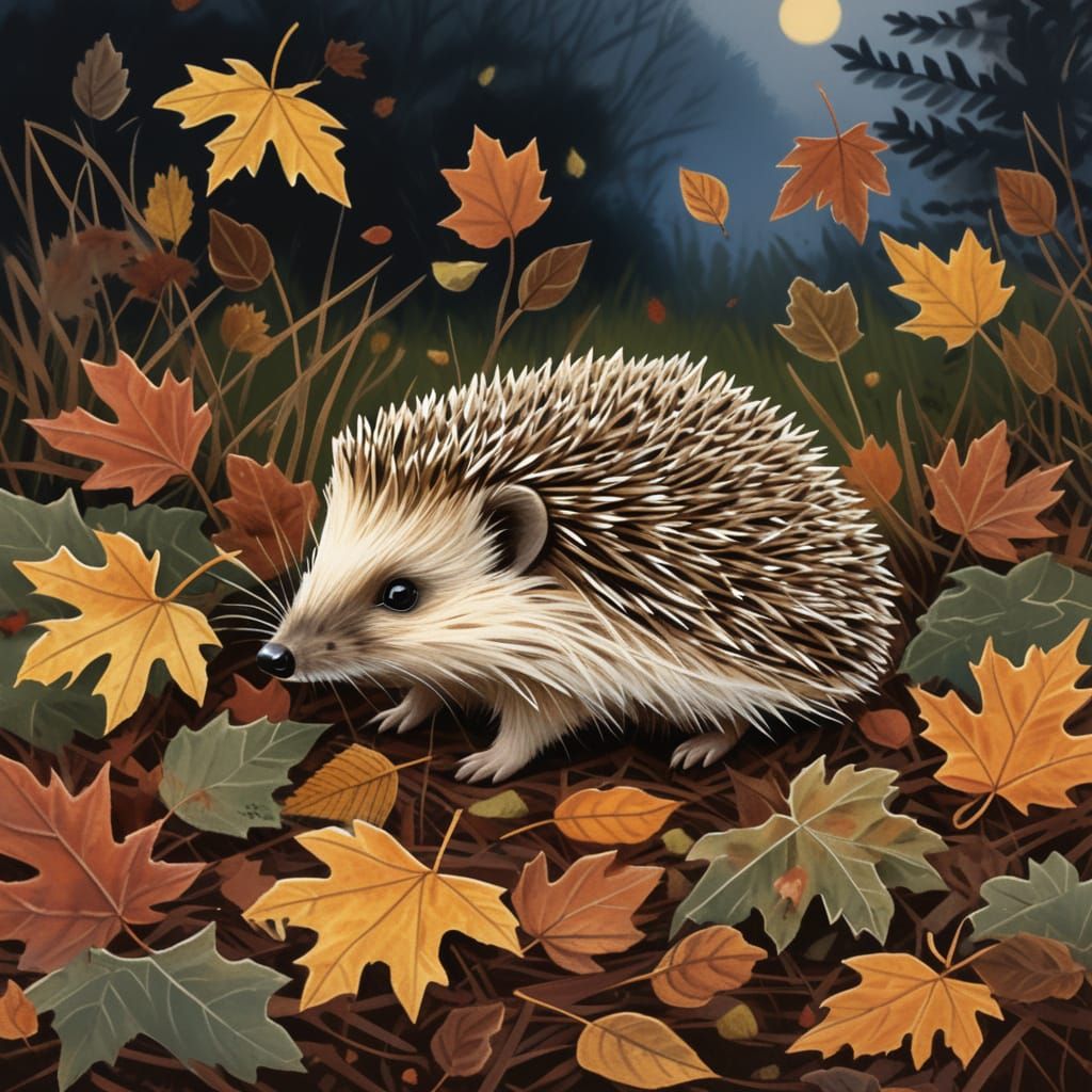 Fluffy Hedgehog in Autumn Leaves at Dusk