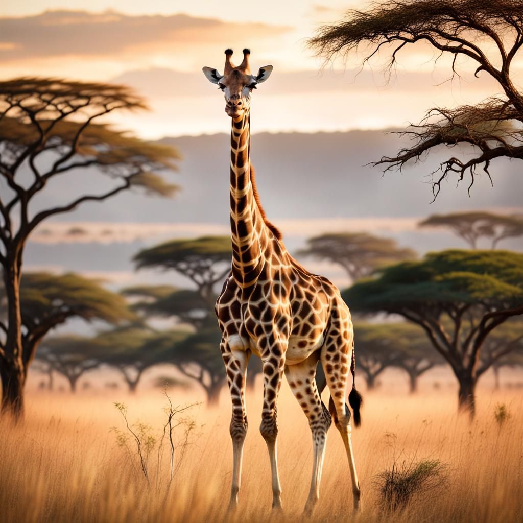 Golden Hour Serengeti Savannah Landscape with Giraffe
