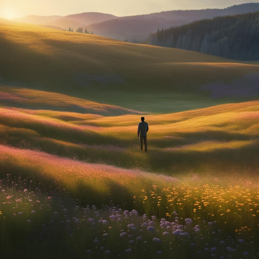 Staring out at a meadow detailed matte painting analogous co...