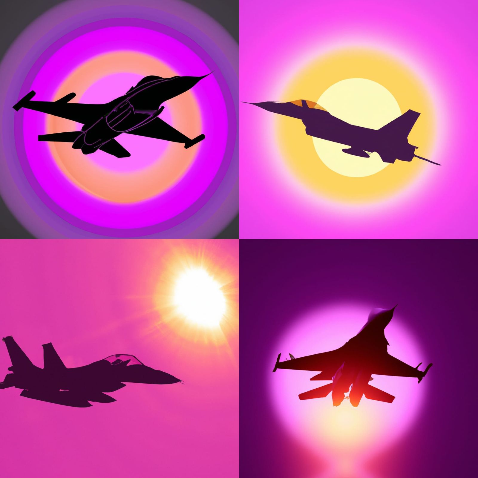 F-16 Fighter Jet Silhouette Against Neon Sunset