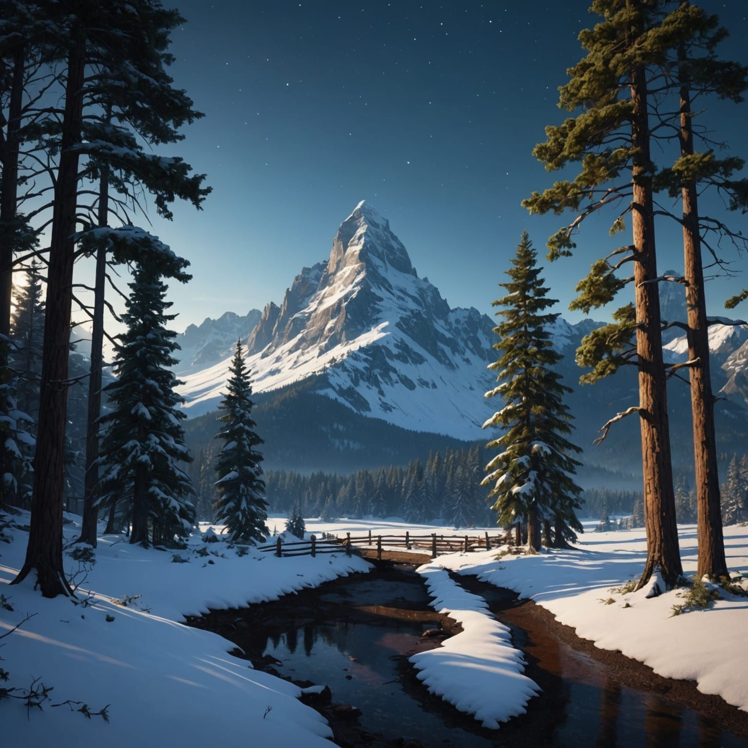 Snowy Mountain Landscape with Ancient Ironbark Lookout