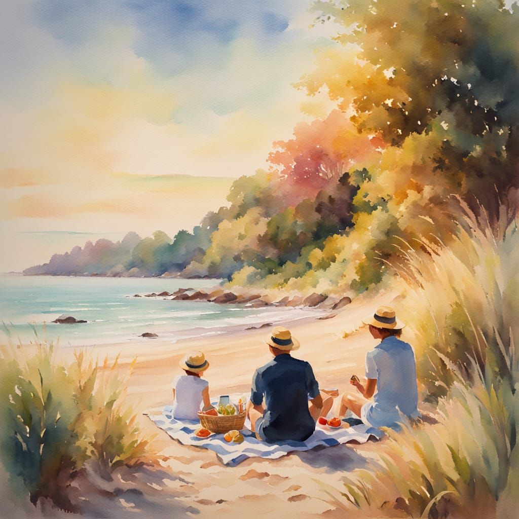 Romantic Beach Picnic in Whimsical Watercolour Style