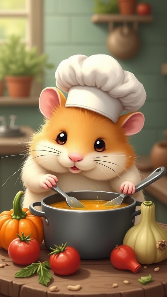 Hamster Chef Cooking Soup in Miniature Kitchen