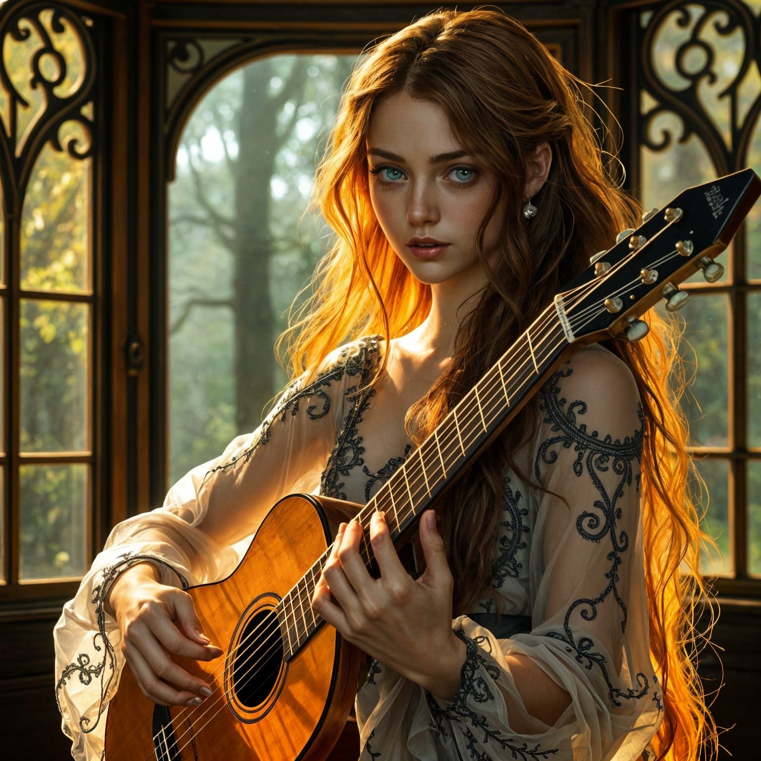 Ethereal Goddess Plays Guitar in Whimsical Forest Setting