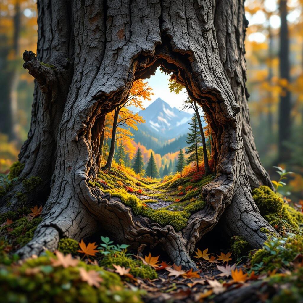 Miniature Autumn Forest Hidden Inside Decaying Tree