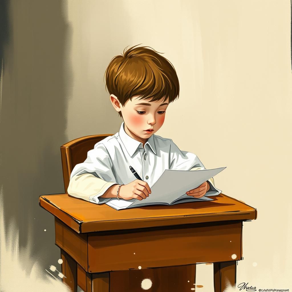 Whimsical Boy Awaits Sheep Drawing in Dreamy, Surrealist Sty...