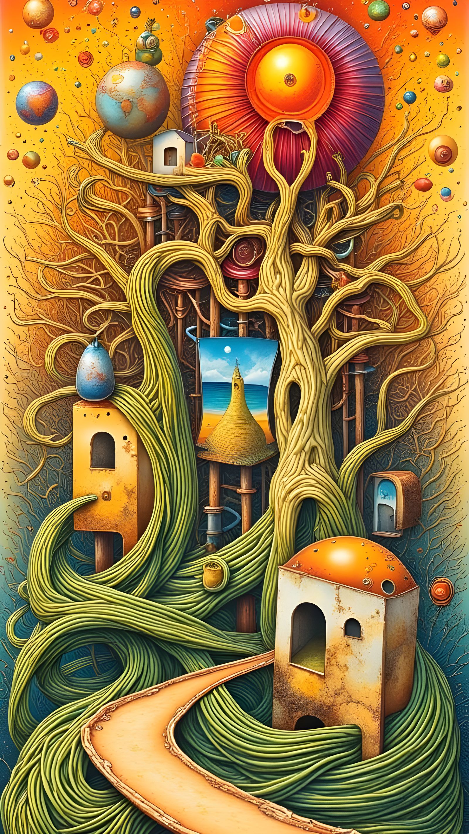 Surreal Spaghetti Village in Escher-Style Drawing