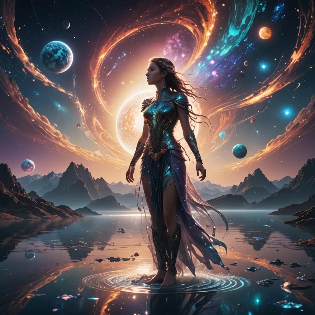 Celestial Entity in a Starlit Lake Scene