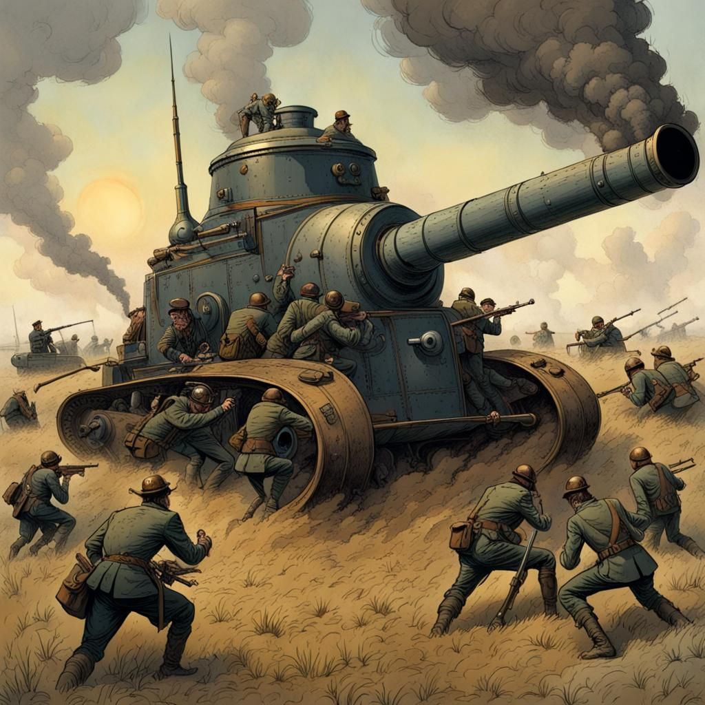 squadron of steampunk tanks in a farmer's field, cannon, turret, treads, bomb crater, in color surrounded by soldiers we...