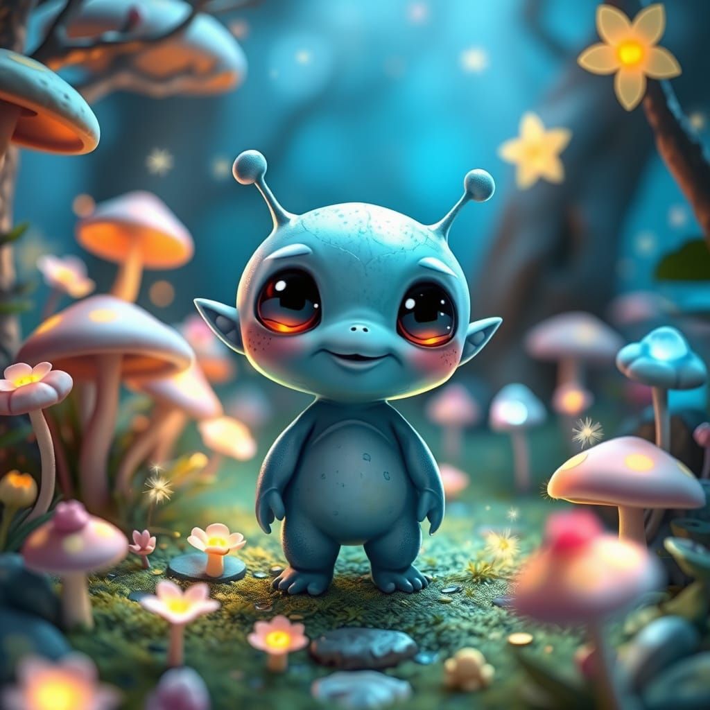 Charming Blue Alien in Whimsical Forest
