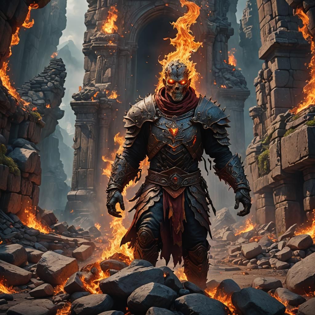 Epic Fantasy Scene of a Stone Man Engulfed in Flames