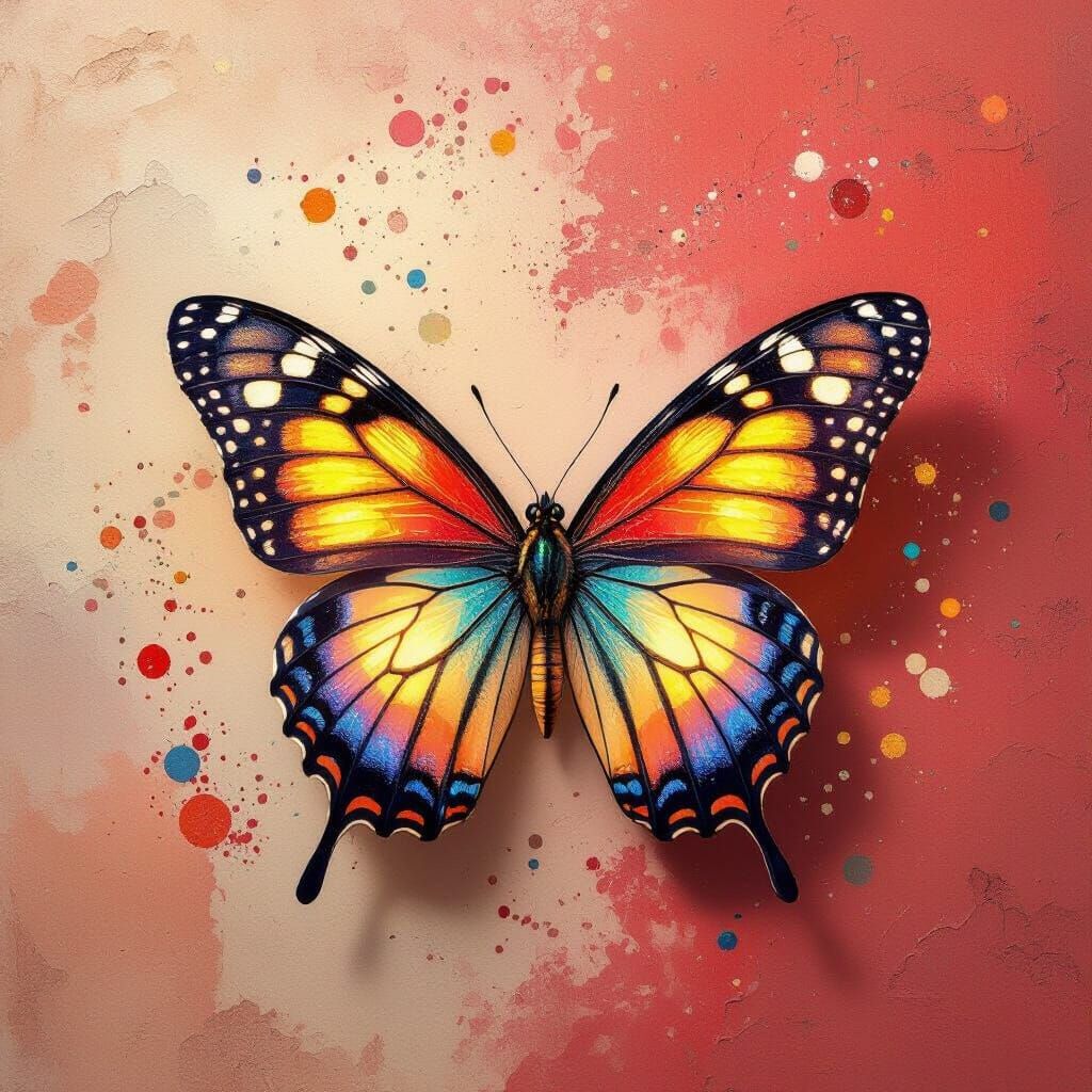 Majestic Butterfly with Glowing Wings on Textured Red Backgr...