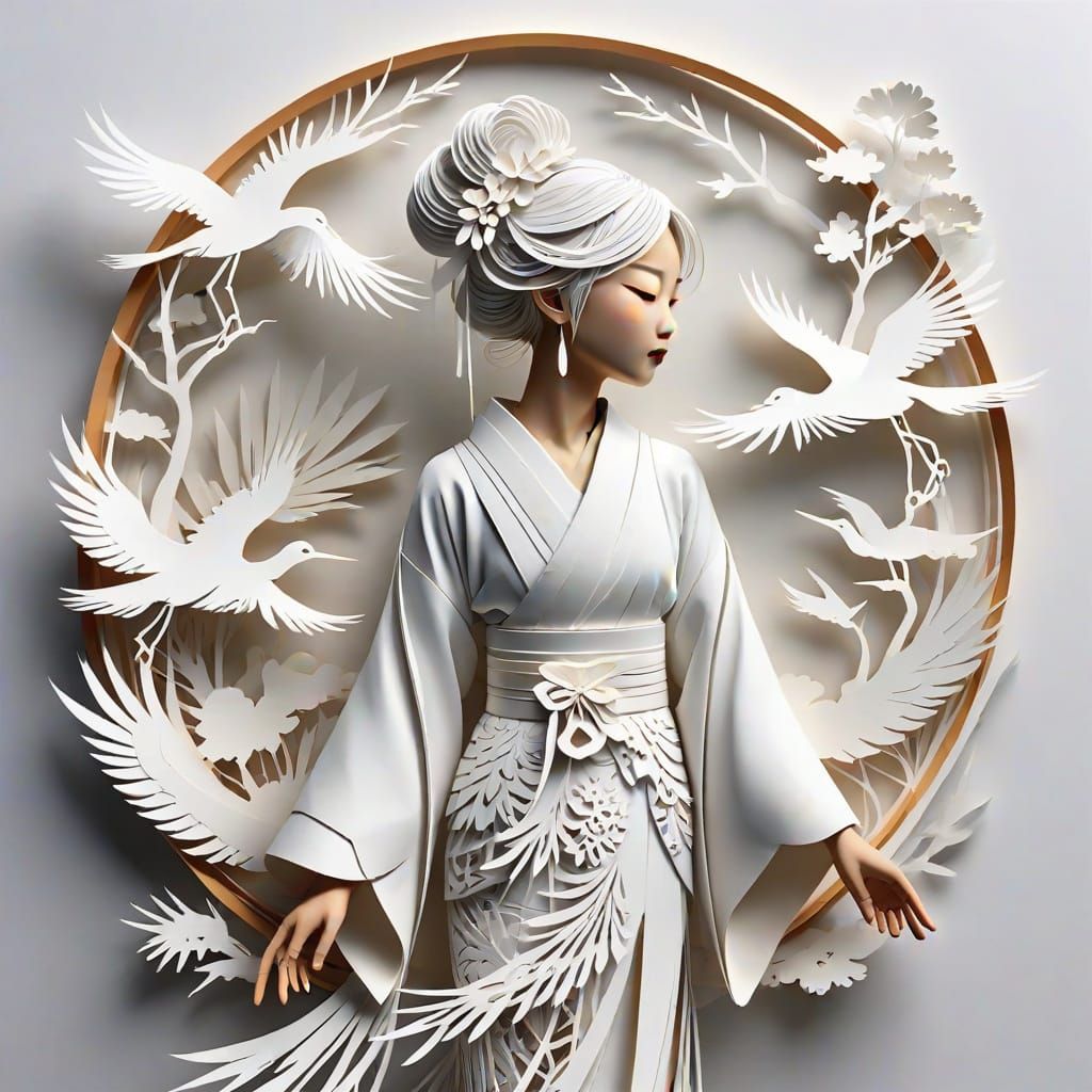 Japanese Crane Goddess Emerges from White Paper Silhouettes
