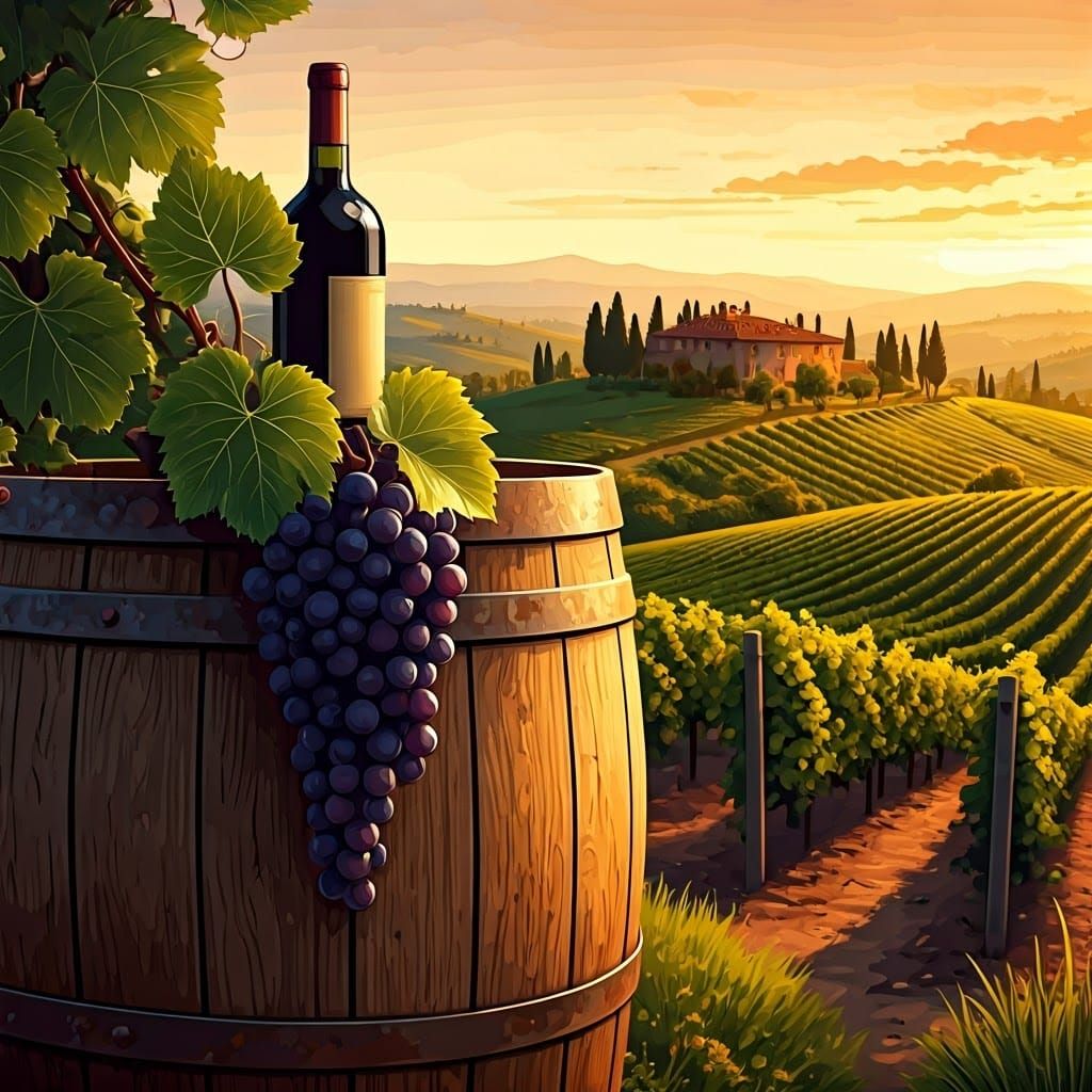 Vibrant Sunset Vineyard Scene in Whimsical Fractal Style