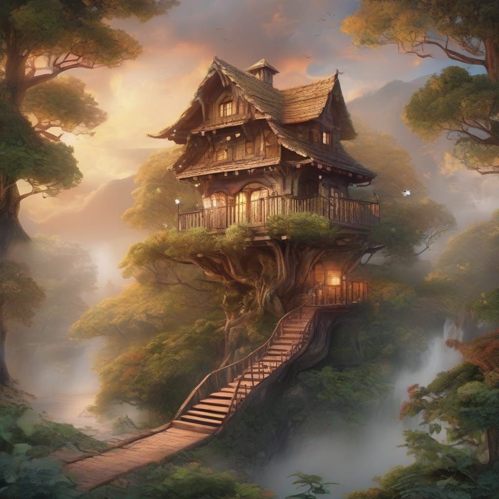Enchanted Treehouse Amidst Whimsical Clouds