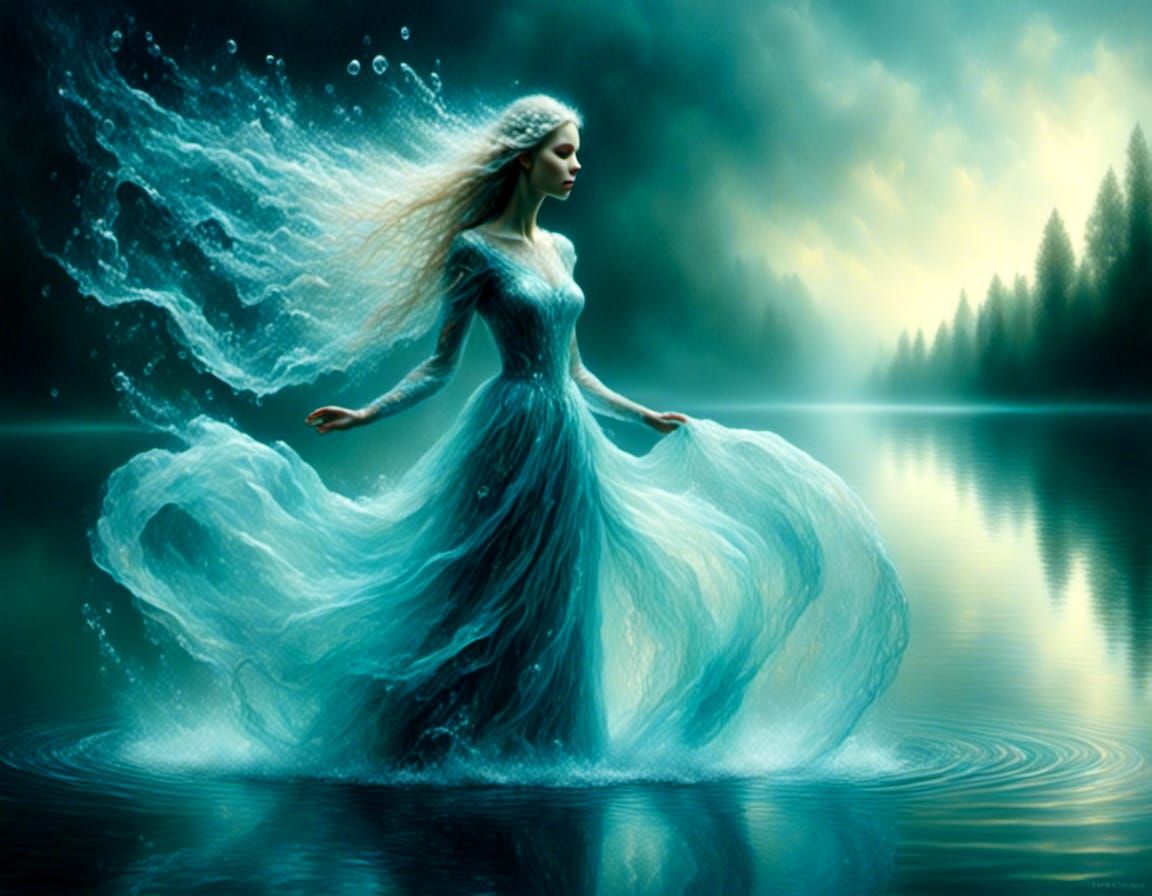 Ethereal Water Sorceress in Soft Focus Oil Painting
