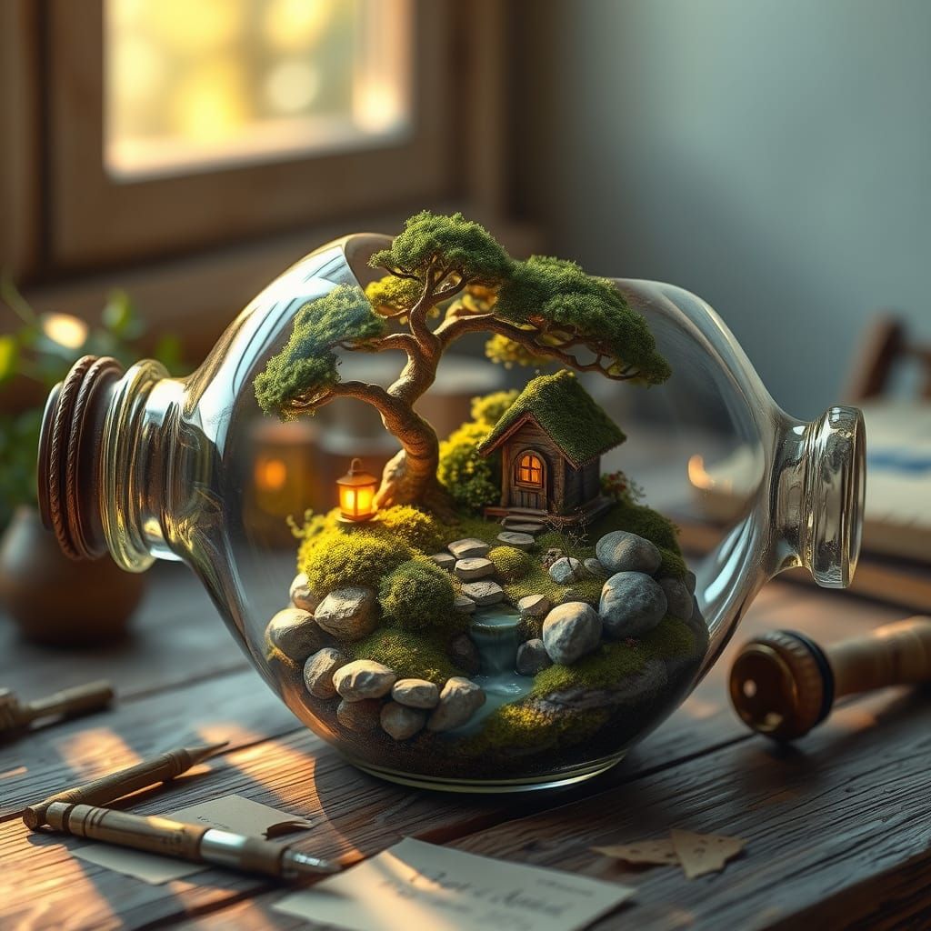 Enchanted Miniature World in Glass Bottle, Ghibli Style