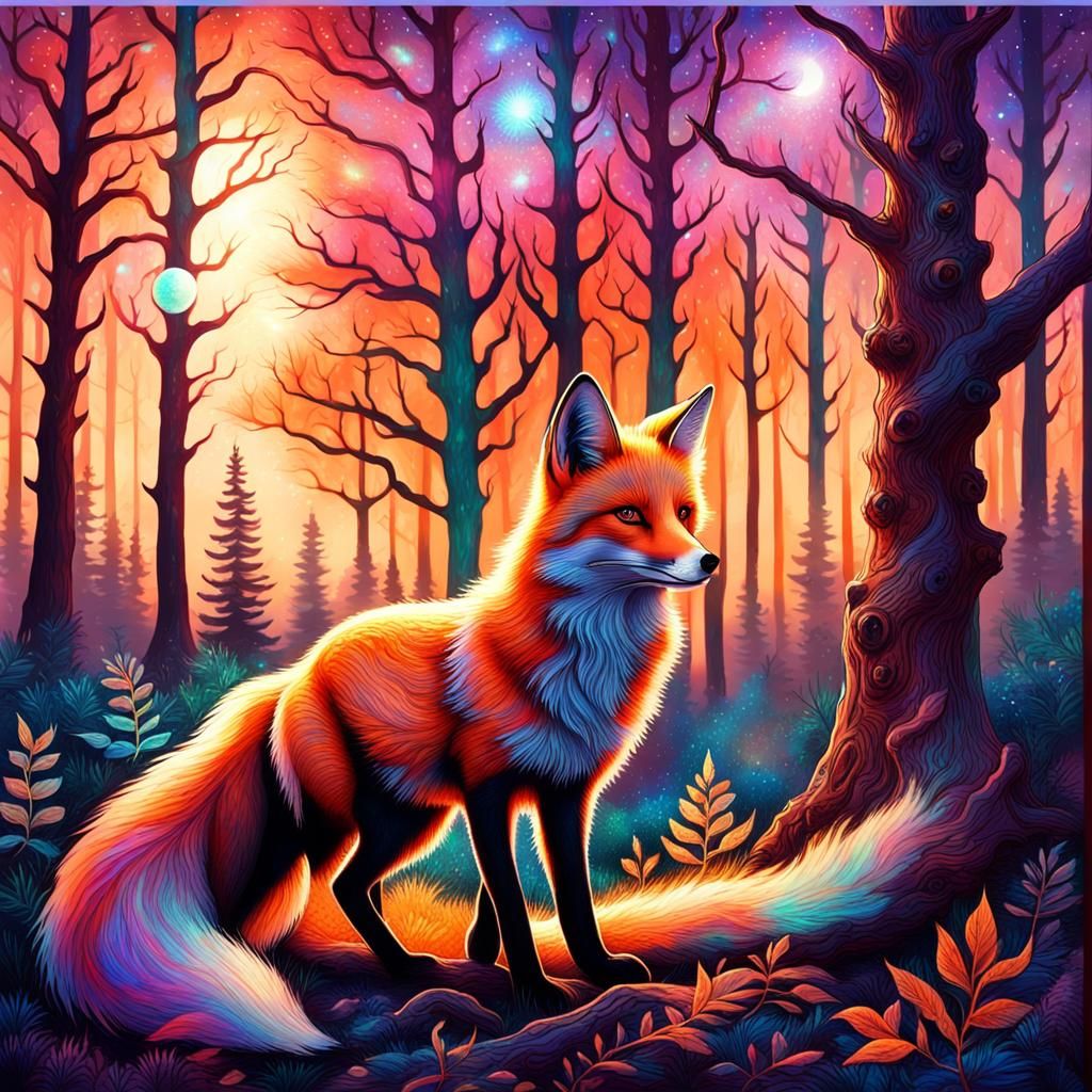 Cosmic Fox in Vibrant Sunlit Woods