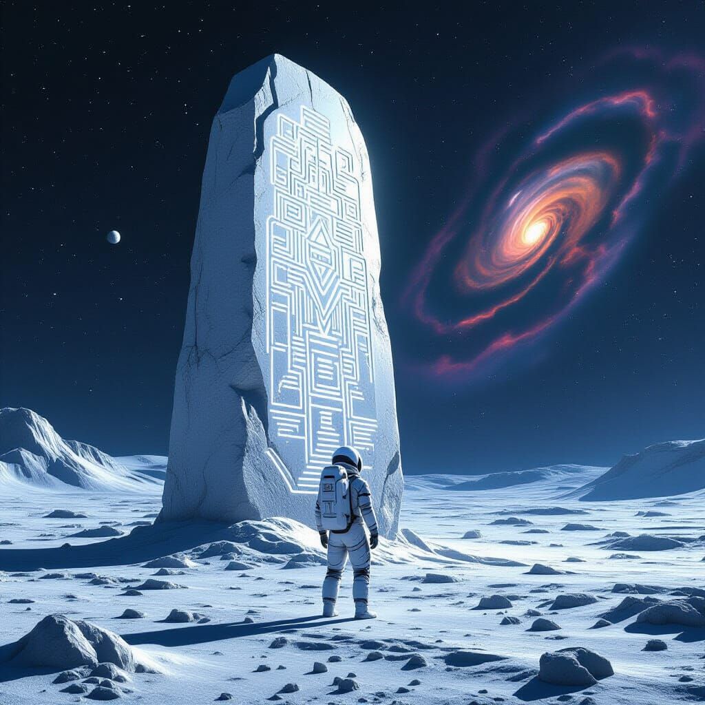 Explorer and Alien Monolith on Cratered Moon