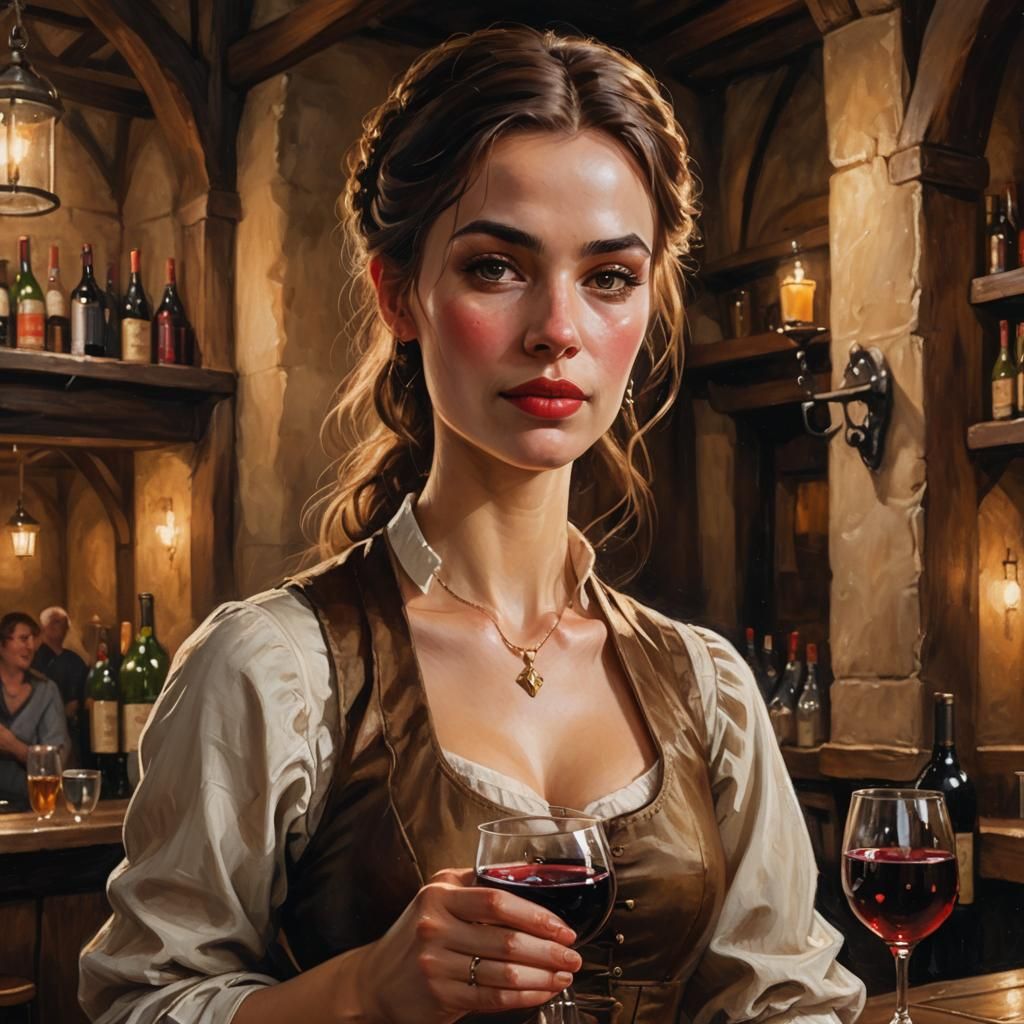 Medieval Bar Maid in Warm Golden Lighting, High-Quality Oil...