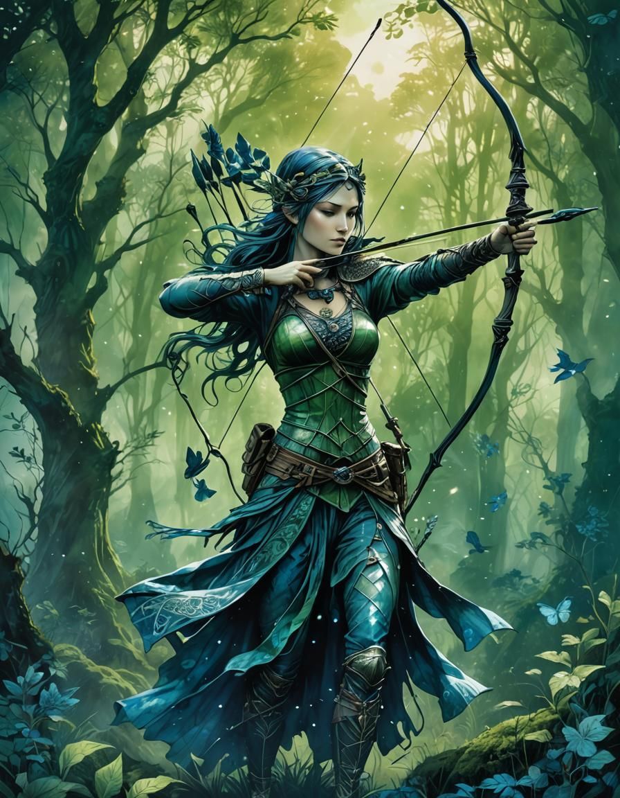 Whimsical Goddess of the Hunt in Dreamy Cyanotype Landscapes