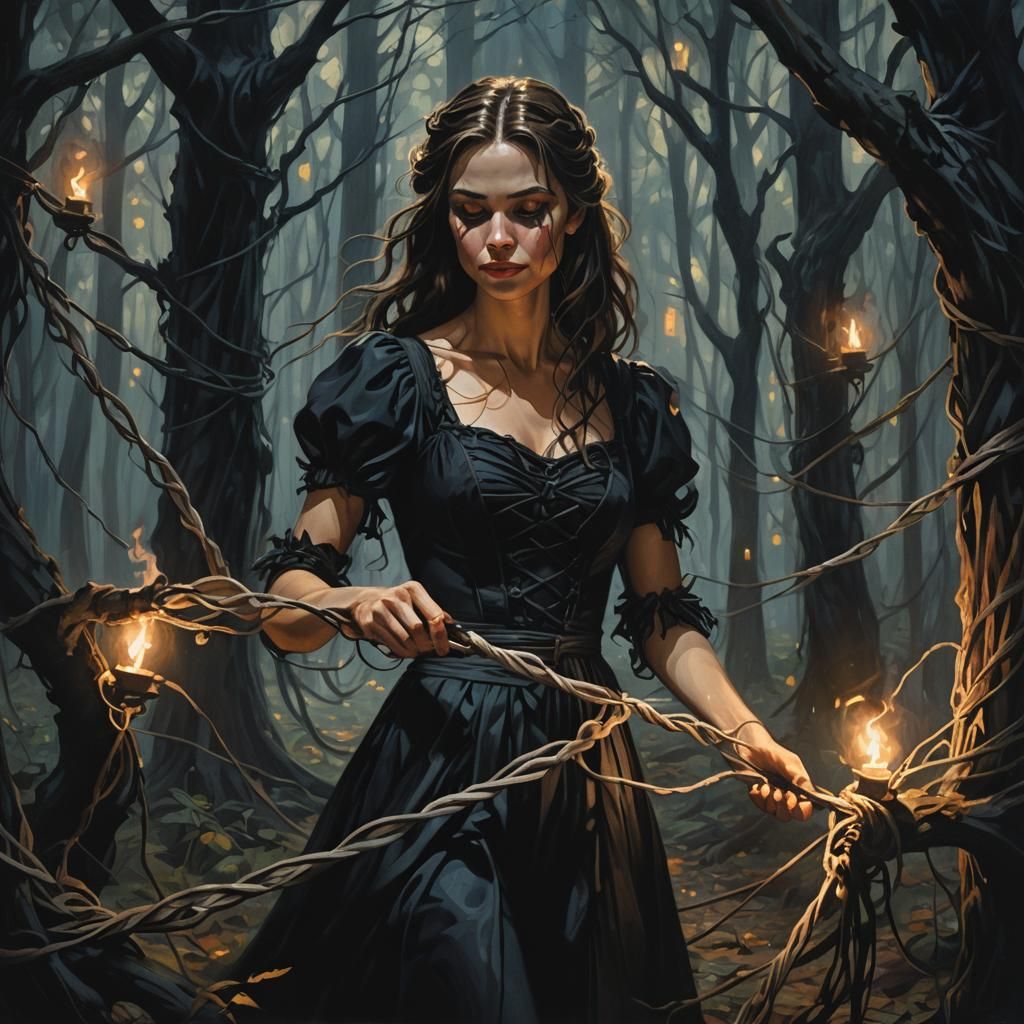 Sly Submissive Unbound in Dark Fantasy Forest