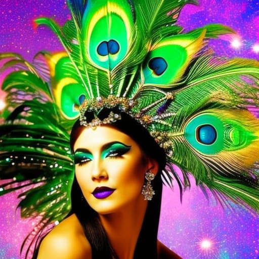 Vibrant Pop Art Portrait of a Woman in Peacock Feathers, Und...