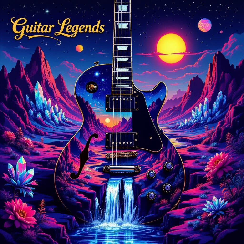 Surreal Alien Guitar Landscape in Neon Colors