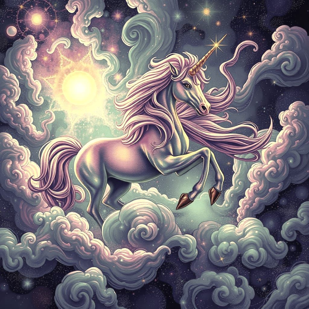 Surreal Astral Unicorns in Cosmic Holographic Art