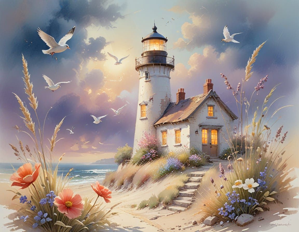 Pastel Lighthouse on Windswept Bluff, Watercolor Painting
