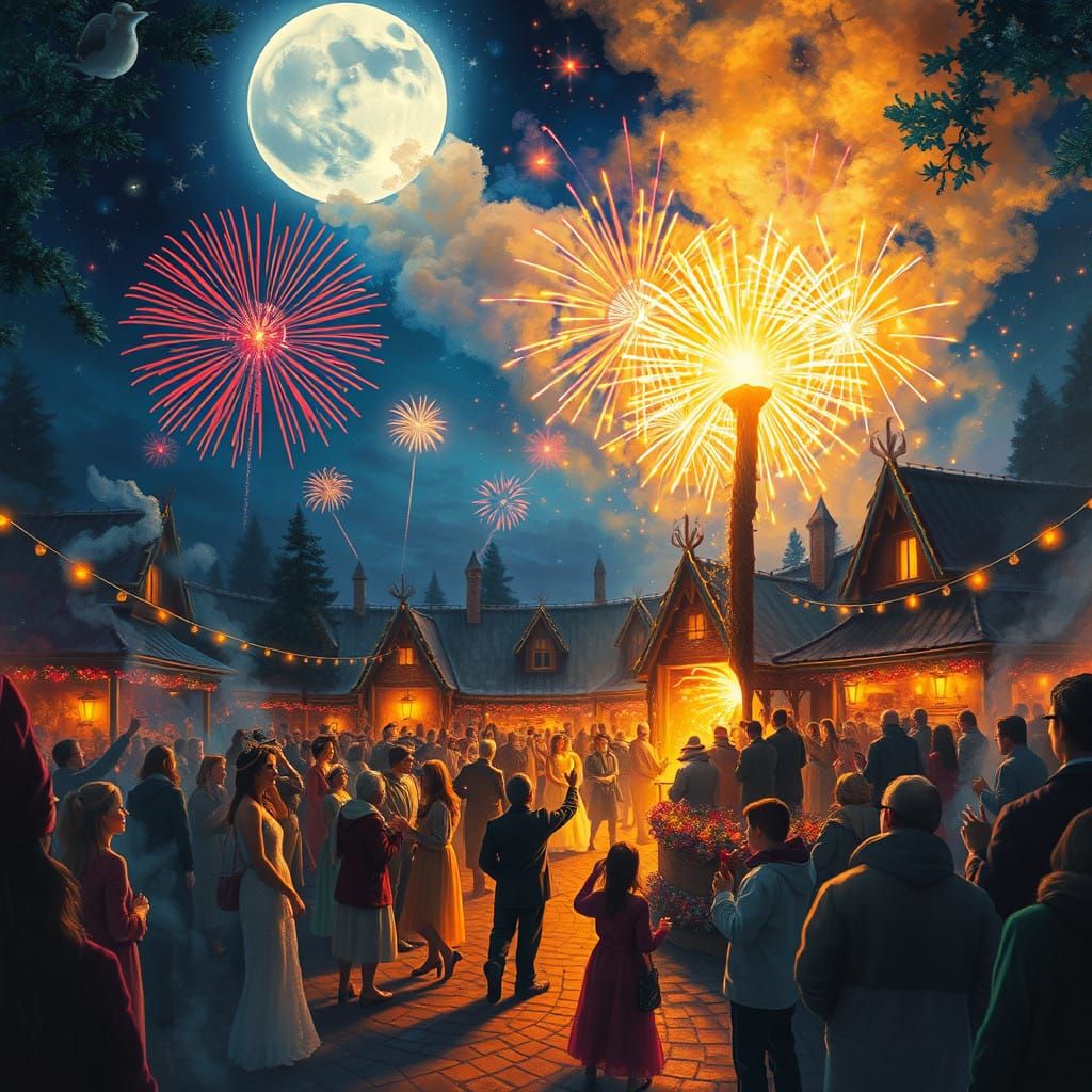 Whimsical Moonlit Celebration Under Starry Skies