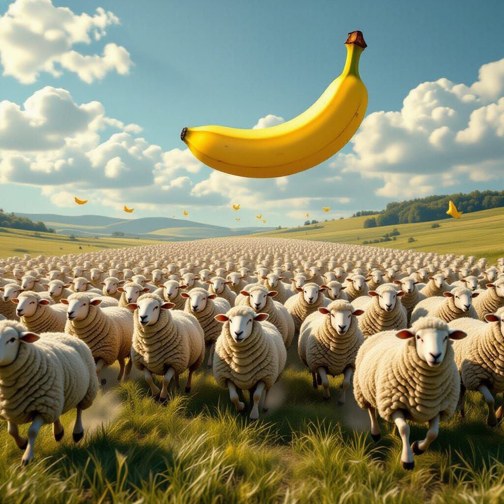 Epic Sheep Army Running From Flying Banana